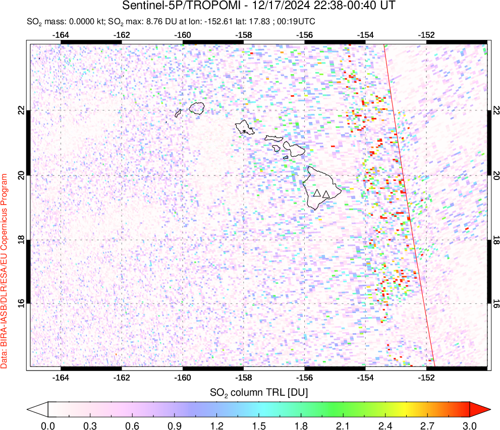 A sulfur dioxide image over Hawaii, USA on Dec 17, 2024.