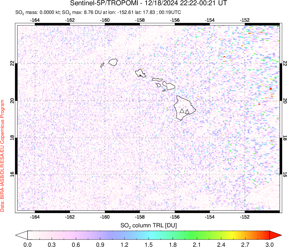 A sulfur dioxide image over Hawaii, USA on Dec 18, 2024.