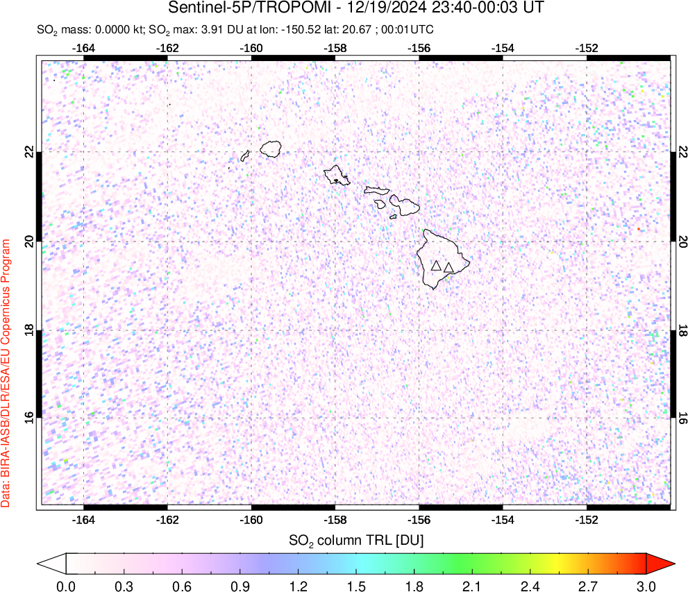 A sulfur dioxide image over Hawaii, USA on Dec 19, 2024.