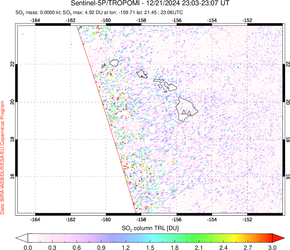 A sulfur dioxide image over Hawaii, USA on Dec 21, 2024.