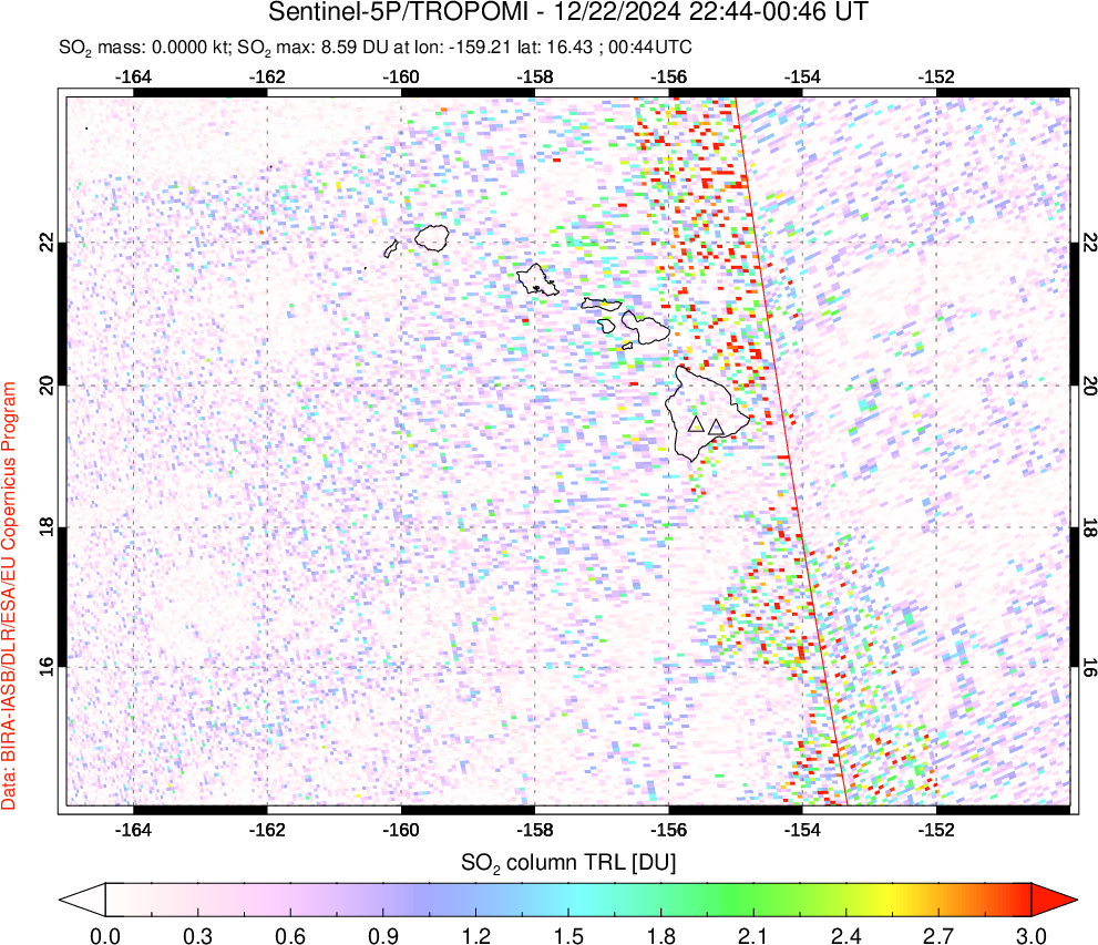 A sulfur dioxide image over Hawaii, USA on Dec 22, 2024.