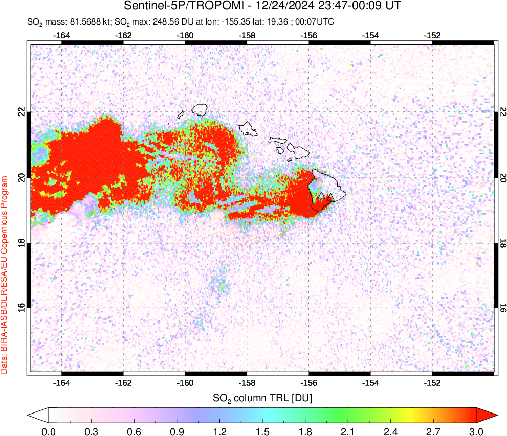 A sulfur dioxide image over Hawaii, USA on Dec 24, 2024.