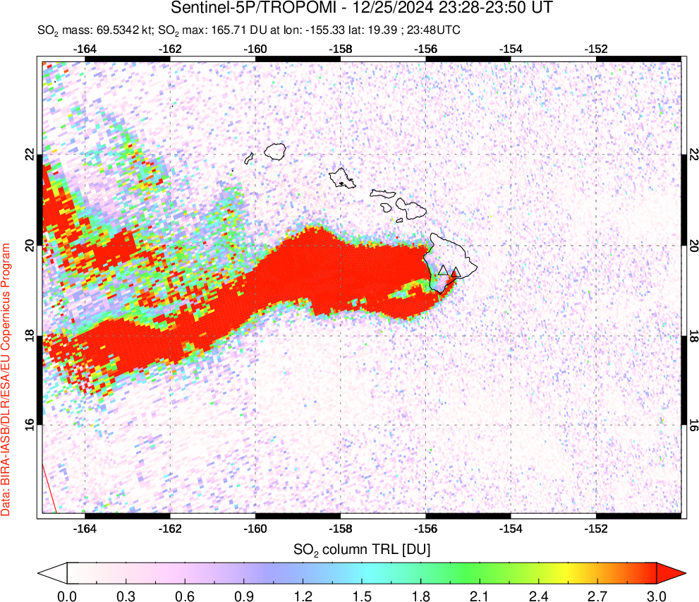 A sulfur dioxide image over Hawaii, USA on Dec 25, 2024.