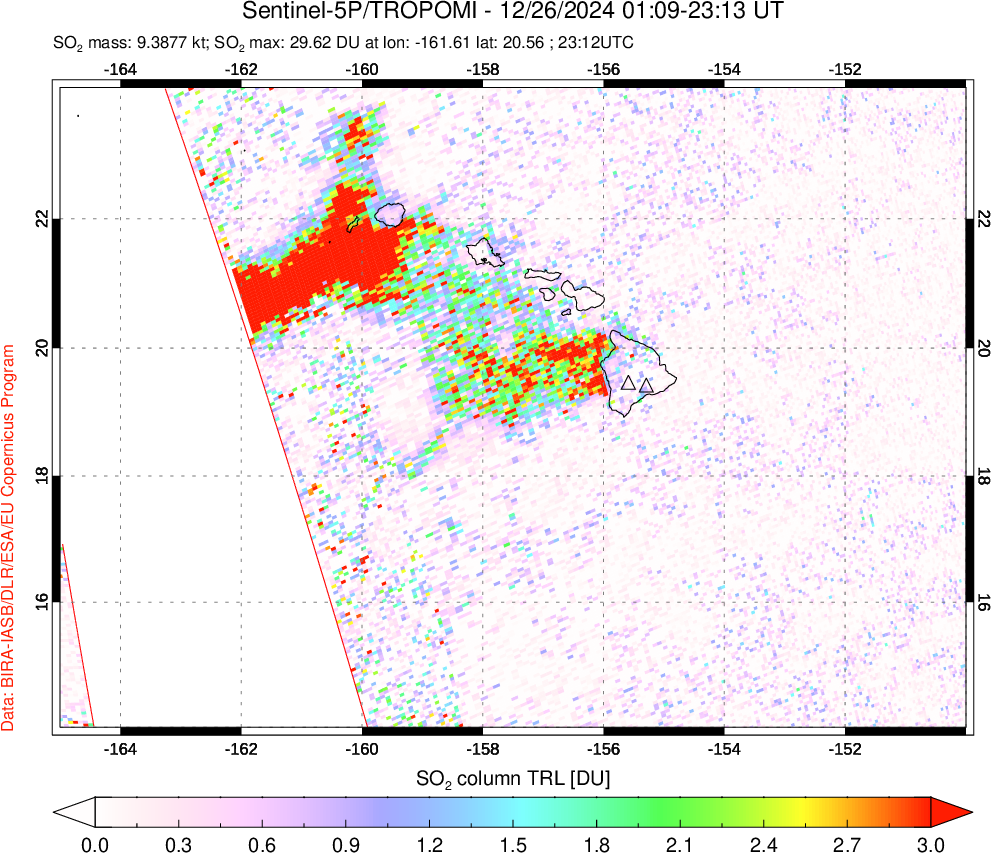 A sulfur dioxide image over Hawaii, USA on Dec 26, 2024.