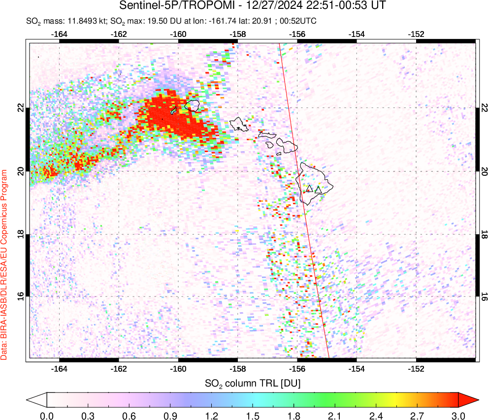 A sulfur dioxide image over Hawaii, USA on Dec 27, 2024.