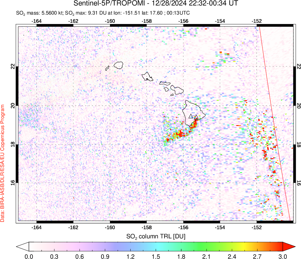 A sulfur dioxide image over Hawaii, USA on Dec 28, 2024.