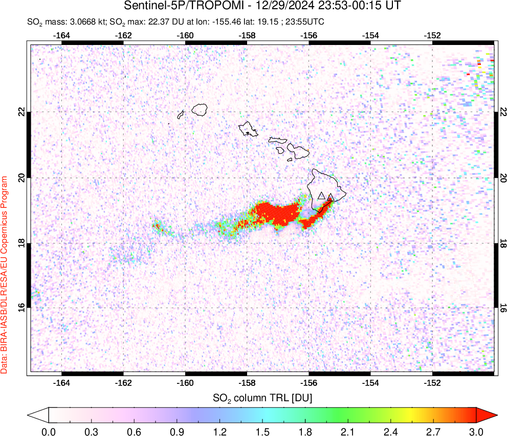 A sulfur dioxide image over Hawaii, USA on Dec 29, 2024.