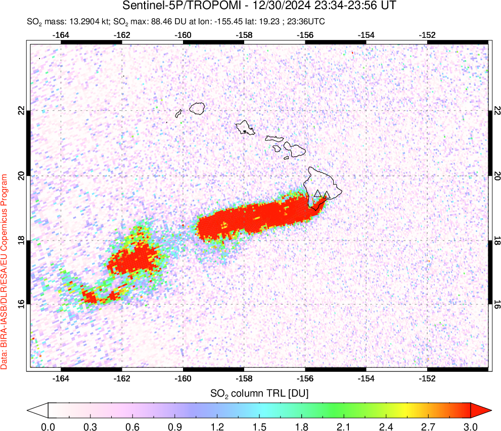 A sulfur dioxide image over Hawaii, USA on Dec 30, 2024.