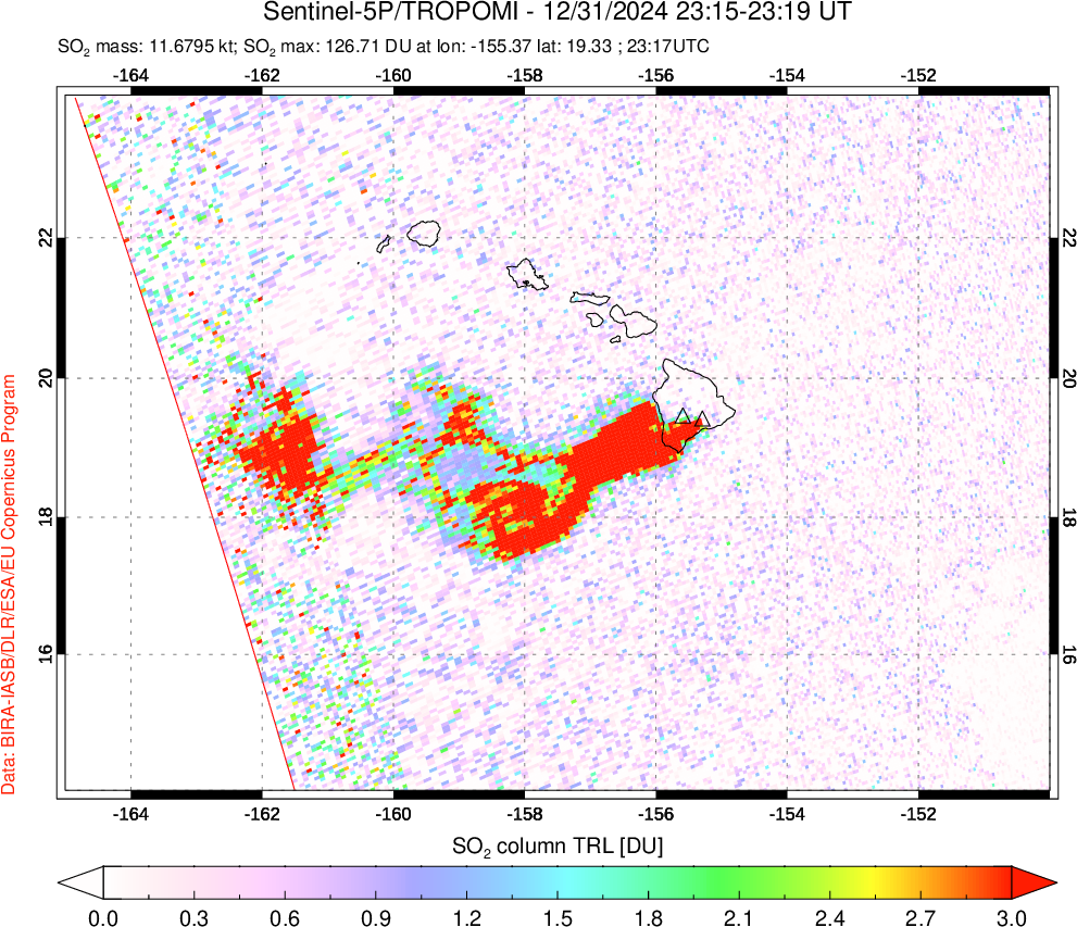 A sulfur dioxide image over Hawaii, USA on Dec 31, 2024.