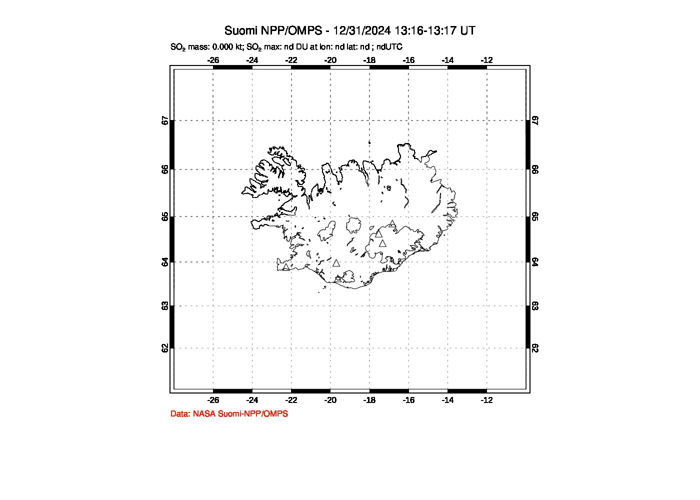 A sulfur dioxide image over Iceland on Dec 31, 2024.