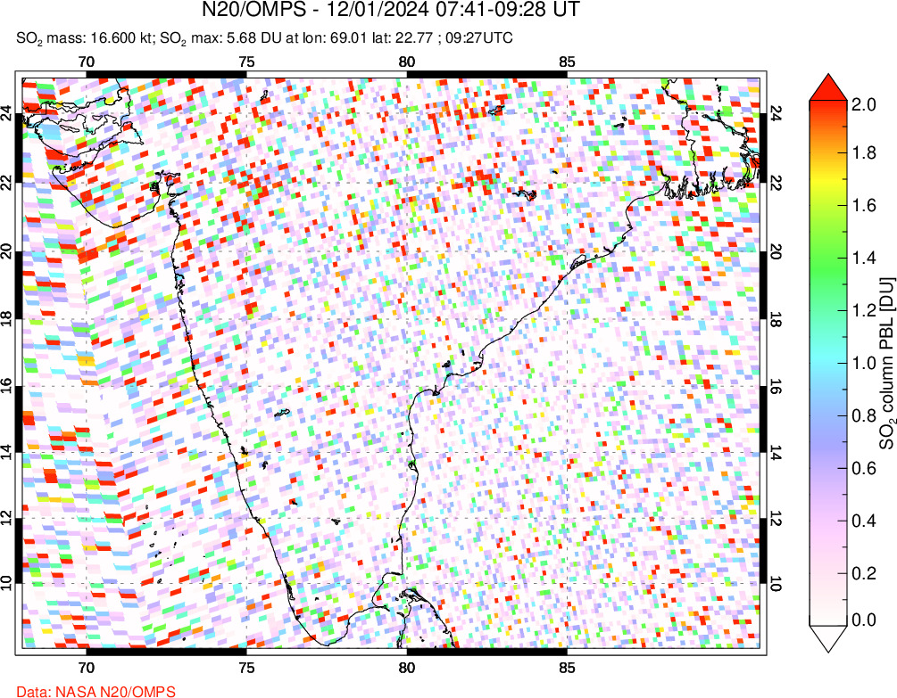 A sulfur dioxide image over India on Dec 01, 2024.