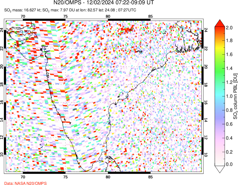 A sulfur dioxide image over India on Dec 02, 2024.