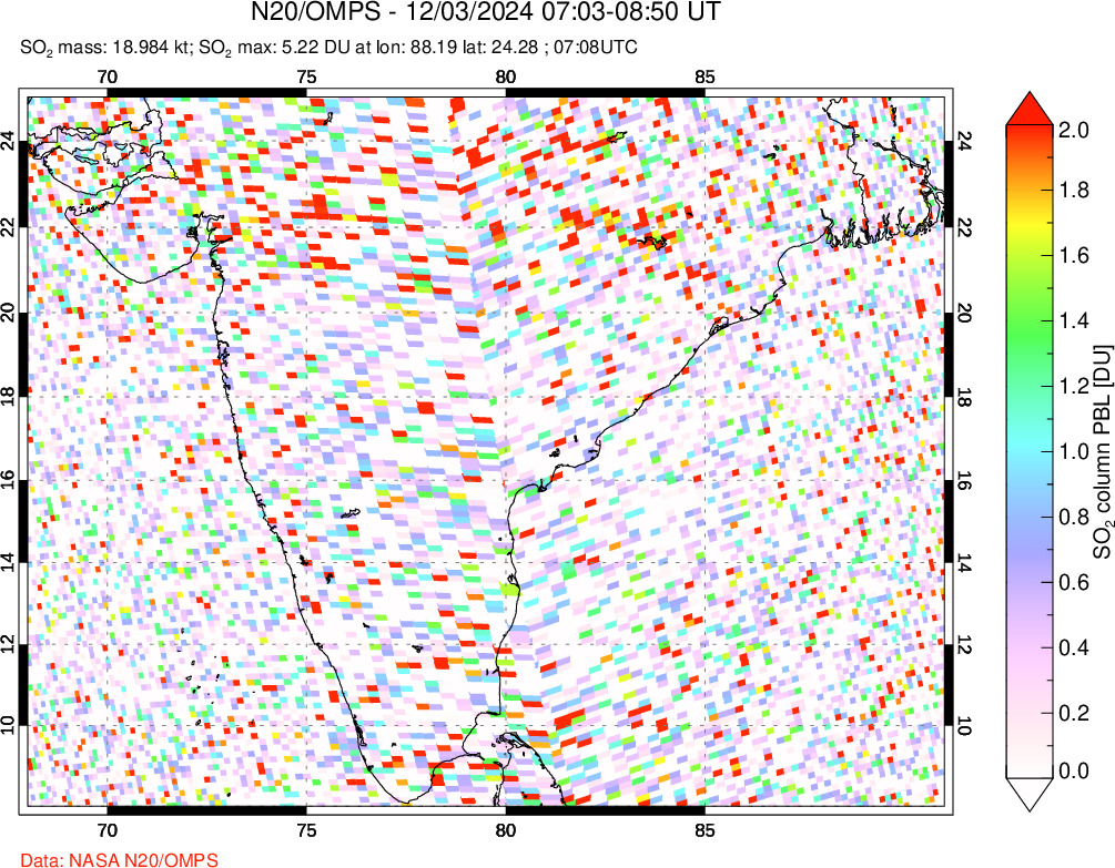 A sulfur dioxide image over India on Dec 03, 2024.