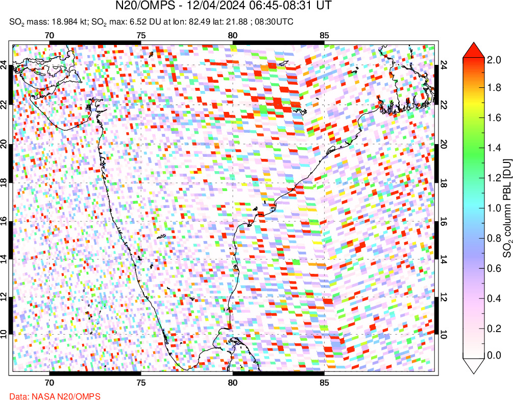 A sulfur dioxide image over India on Dec 04, 2024.