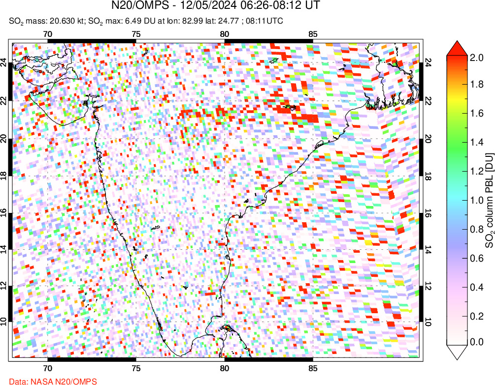 A sulfur dioxide image over India on Dec 05, 2024.