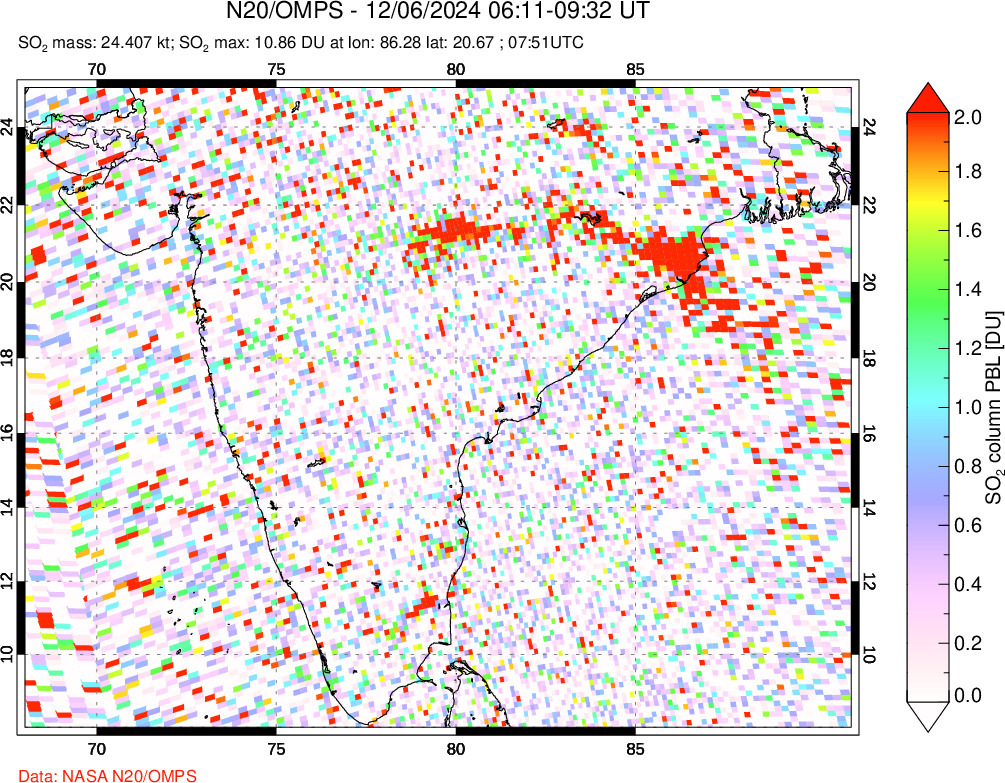 A sulfur dioxide image over India on Dec 06, 2024.