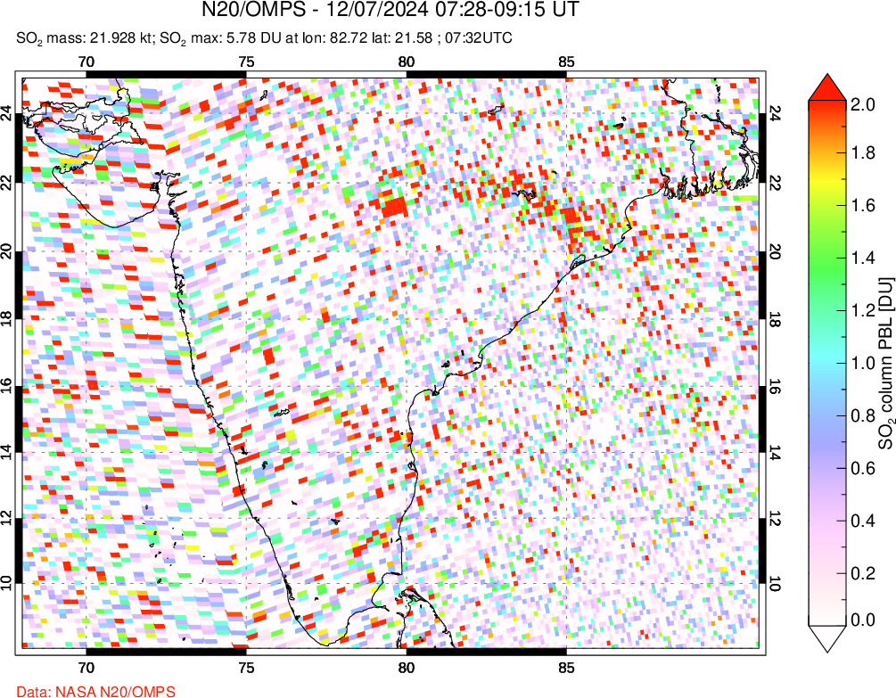 A sulfur dioxide image over India on Dec 07, 2024.