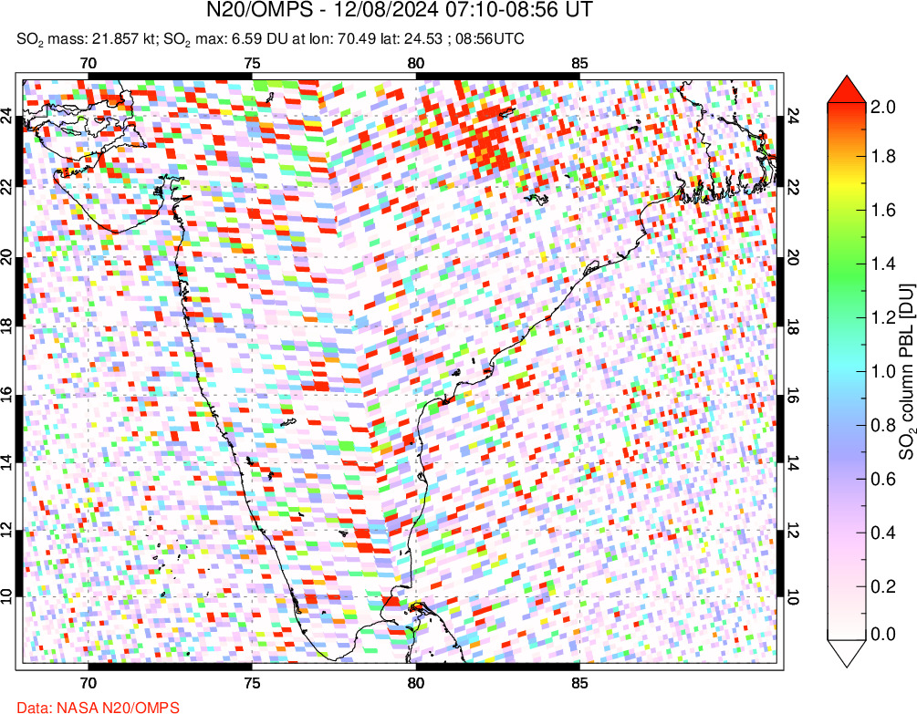 A sulfur dioxide image over India on Dec 08, 2024.