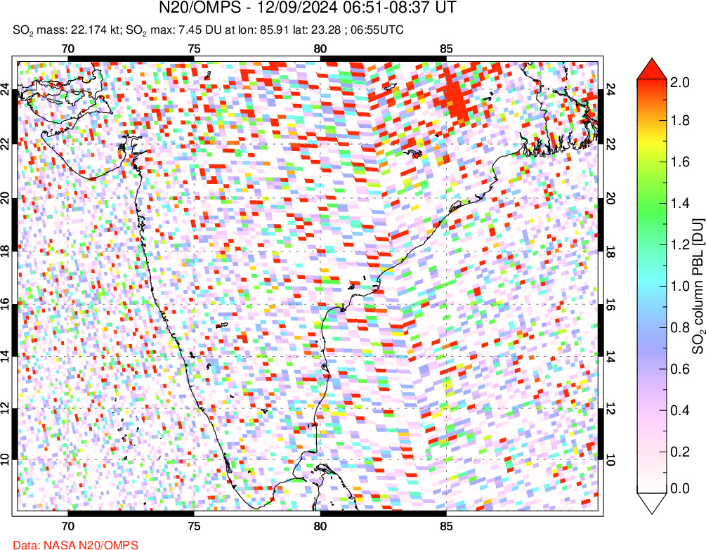 A sulfur dioxide image over India on Dec 09, 2024.