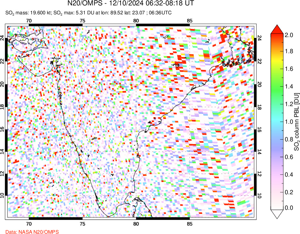 A sulfur dioxide image over India on Dec 10, 2024.