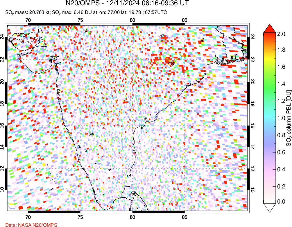 A sulfur dioxide image over India on Dec 11, 2024.