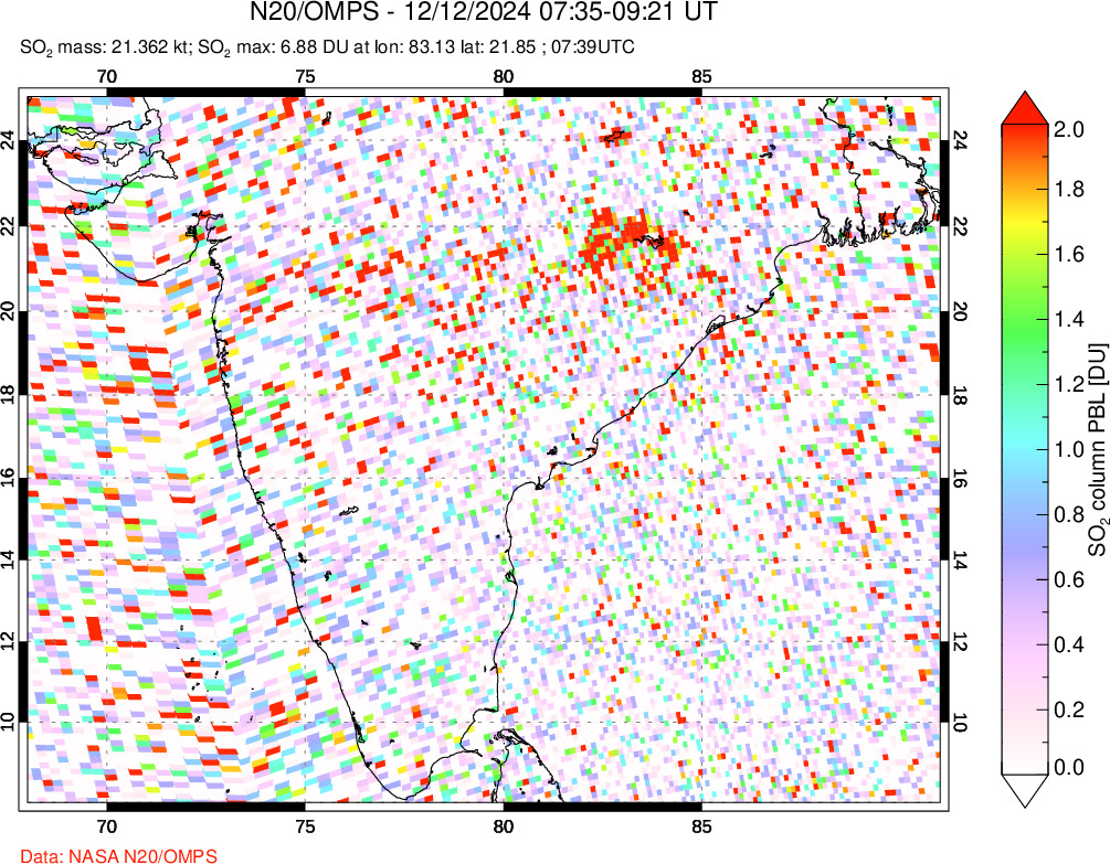 A sulfur dioxide image over India on Dec 12, 2024.