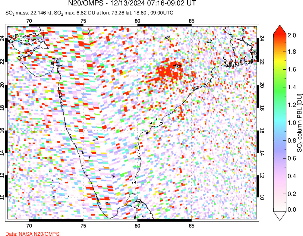 A sulfur dioxide image over India on Dec 13, 2024.