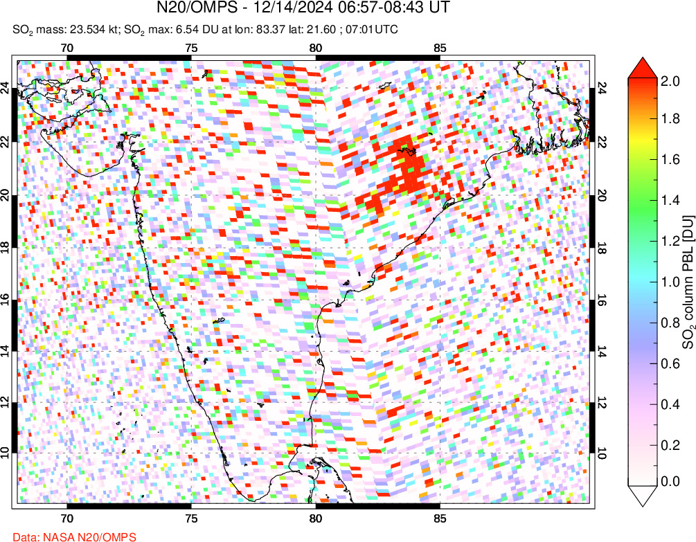 A sulfur dioxide image over India on Dec 14, 2024.