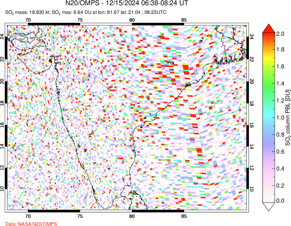 A sulfur dioxide image over India on Dec 15, 2024.