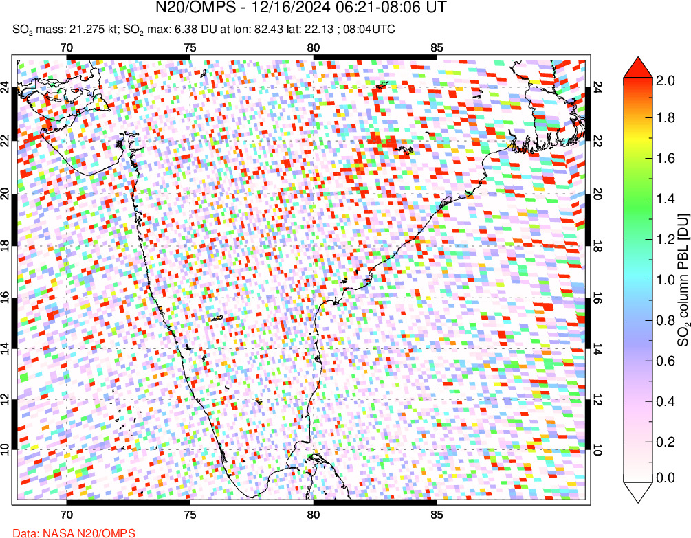 A sulfur dioxide image over India on Dec 16, 2024.