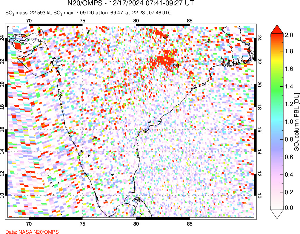 A sulfur dioxide image over India on Dec 17, 2024.