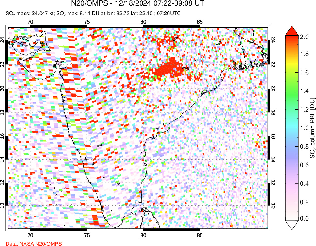 A sulfur dioxide image over India on Dec 18, 2024.