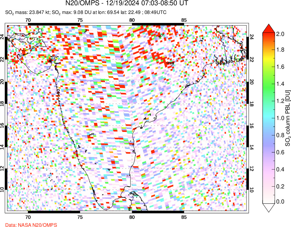 A sulfur dioxide image over India on Dec 19, 2024.