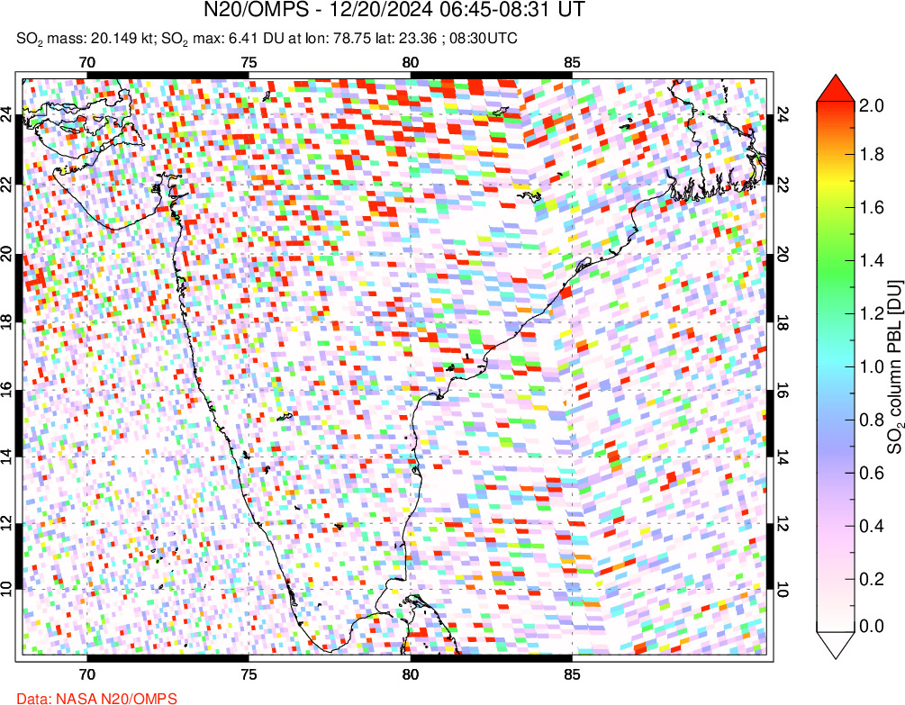 A sulfur dioxide image over India on Dec 20, 2024.