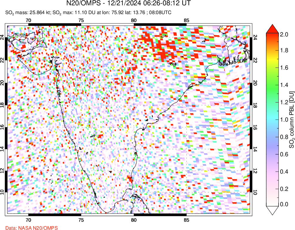 A sulfur dioxide image over India on Dec 21, 2024.