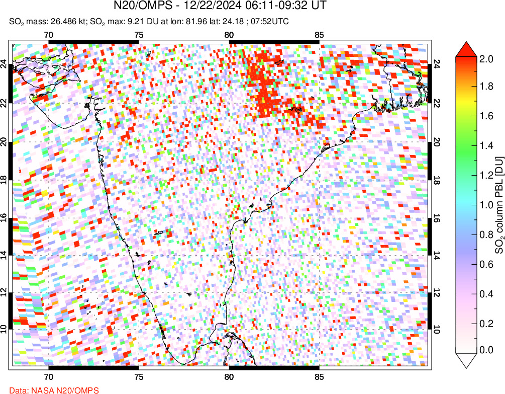 A sulfur dioxide image over India on Dec 22, 2024.