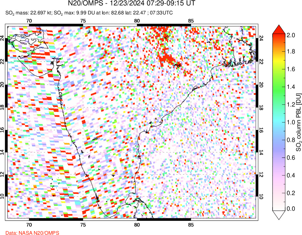 A sulfur dioxide image over India on Dec 23, 2024.