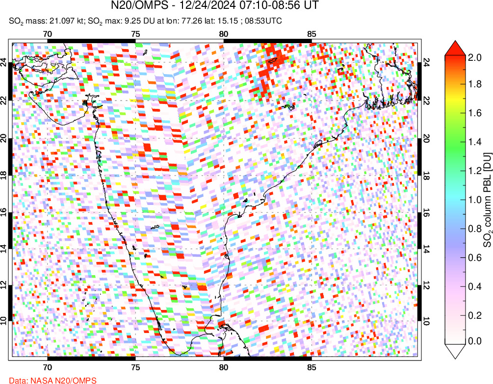 A sulfur dioxide image over India on Dec 24, 2024.