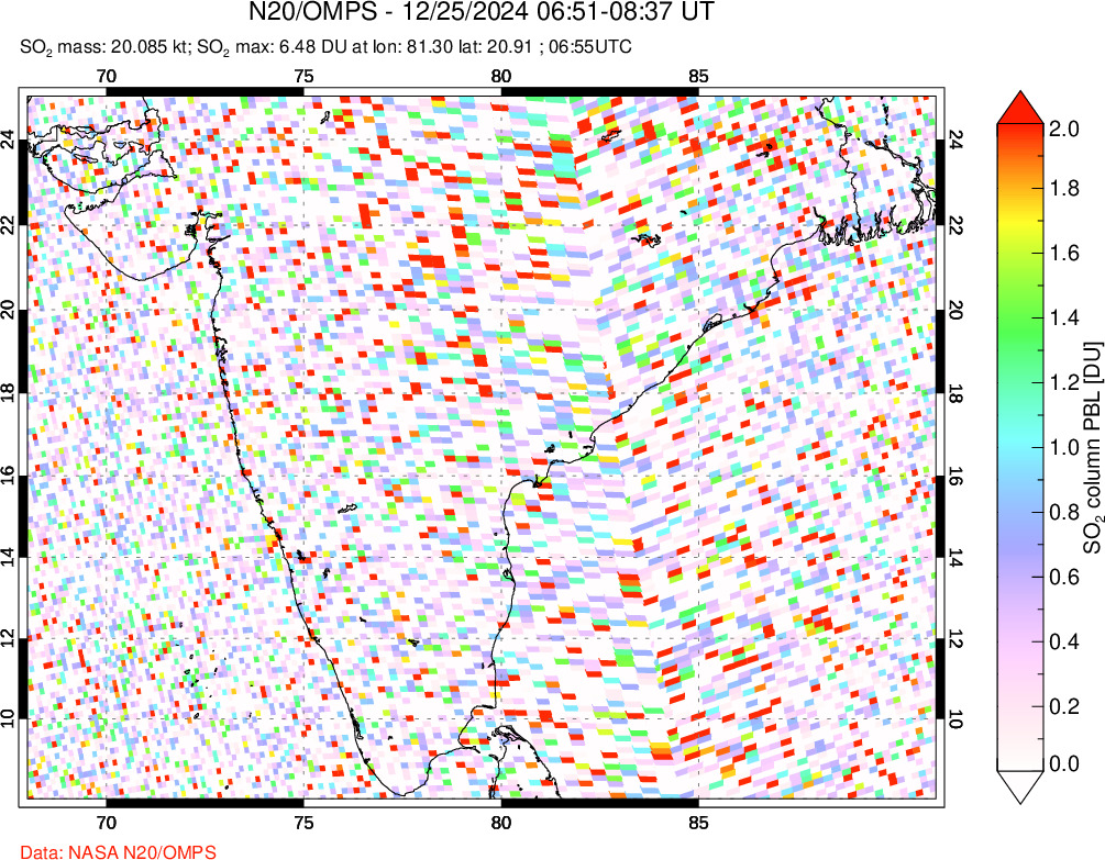 A sulfur dioxide image over India on Dec 25, 2024.