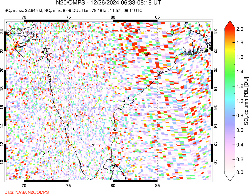 A sulfur dioxide image over India on Dec 26, 2024.