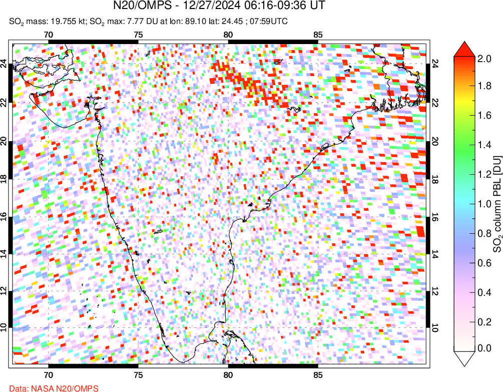 A sulfur dioxide image over India on Dec 27, 2024.