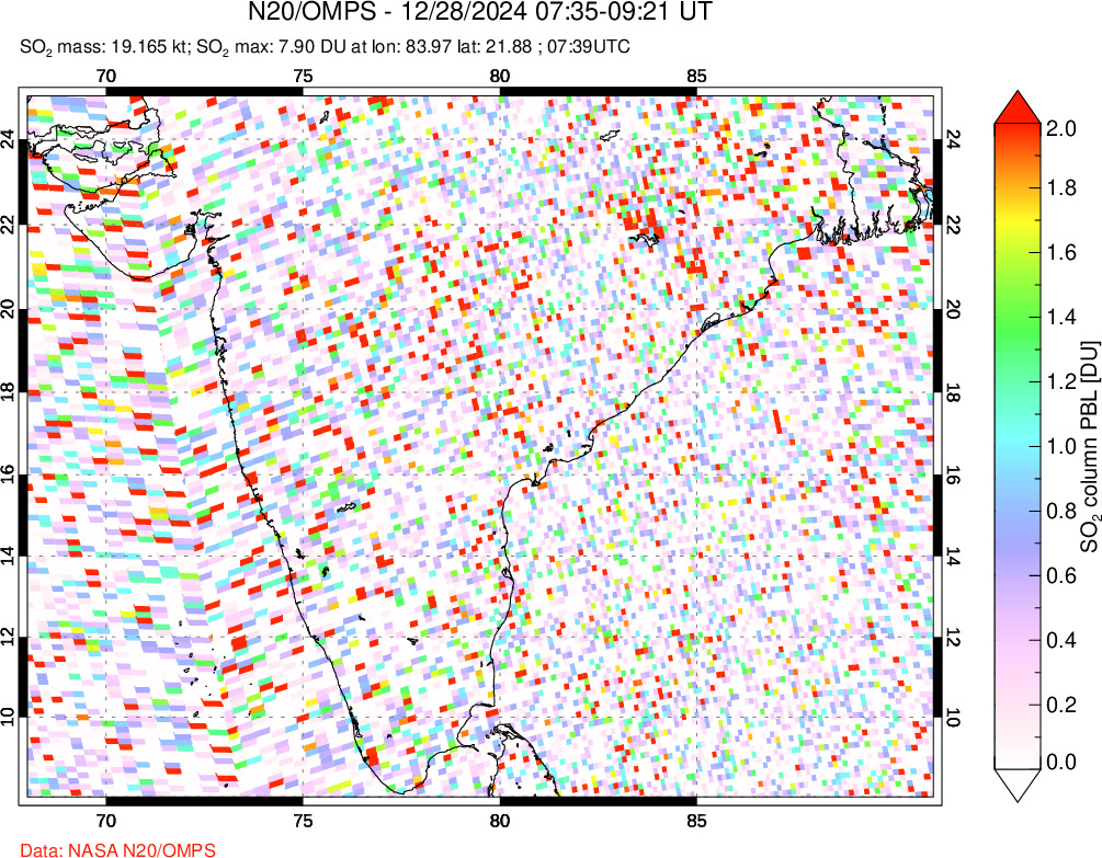 A sulfur dioxide image over India on Dec 28, 2024.