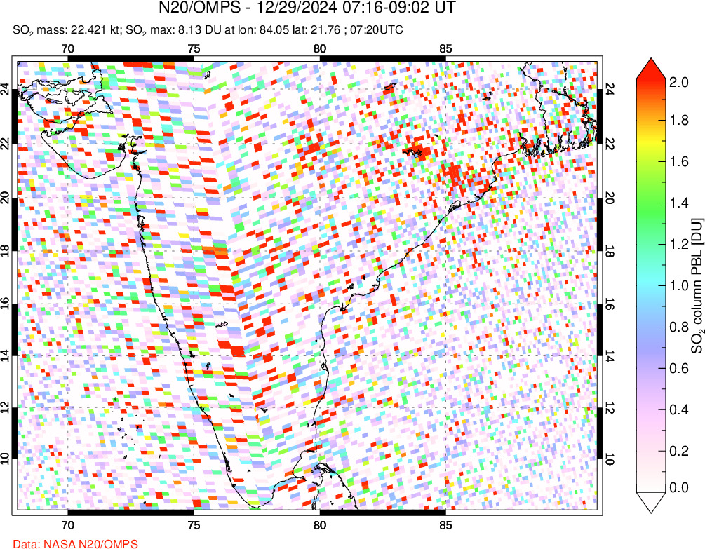 A sulfur dioxide image over India on Dec 29, 2024.