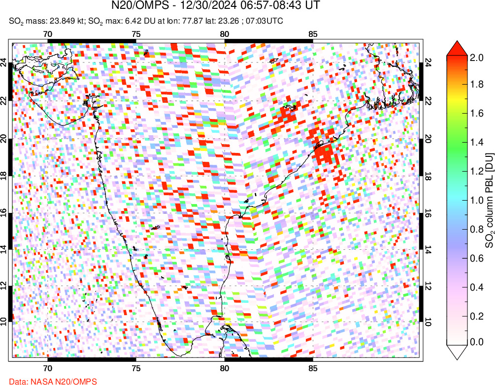 A sulfur dioxide image over India on Dec 30, 2024.