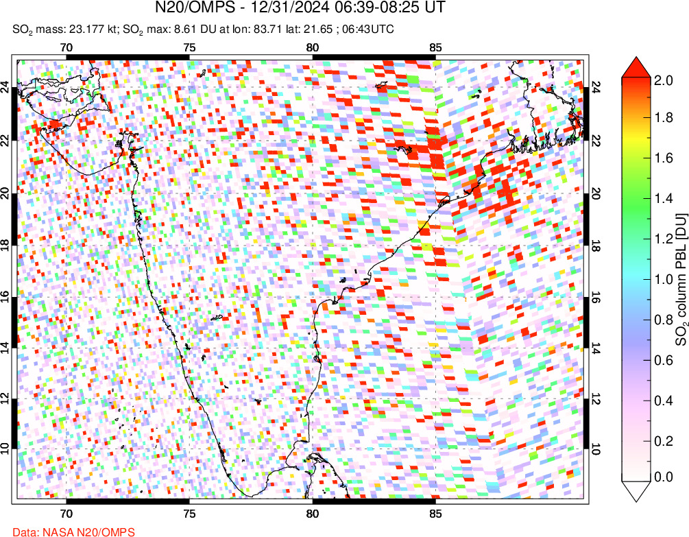 A sulfur dioxide image over India on Dec 31, 2024.