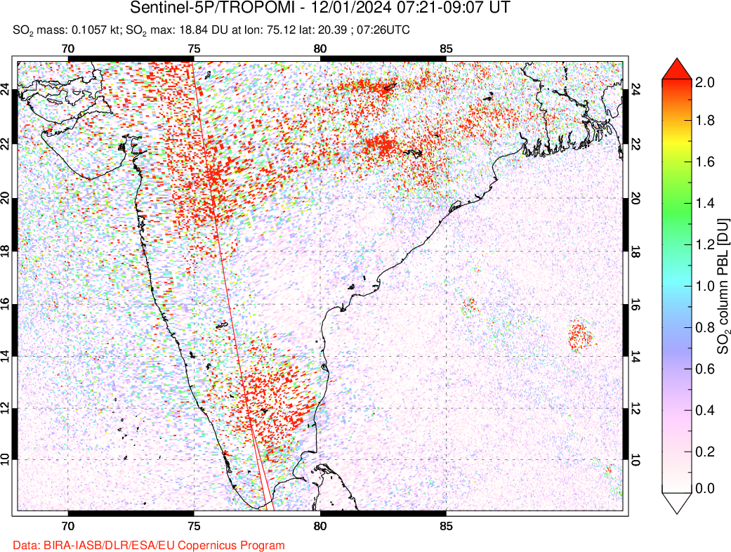 A sulfur dioxide image over India on Dec 01, 2024.