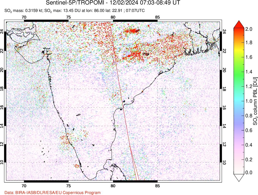 A sulfur dioxide image over India on Dec 02, 2024.