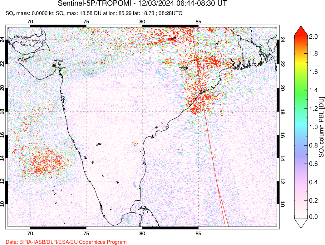 A sulfur dioxide image over India on Dec 03, 2024.