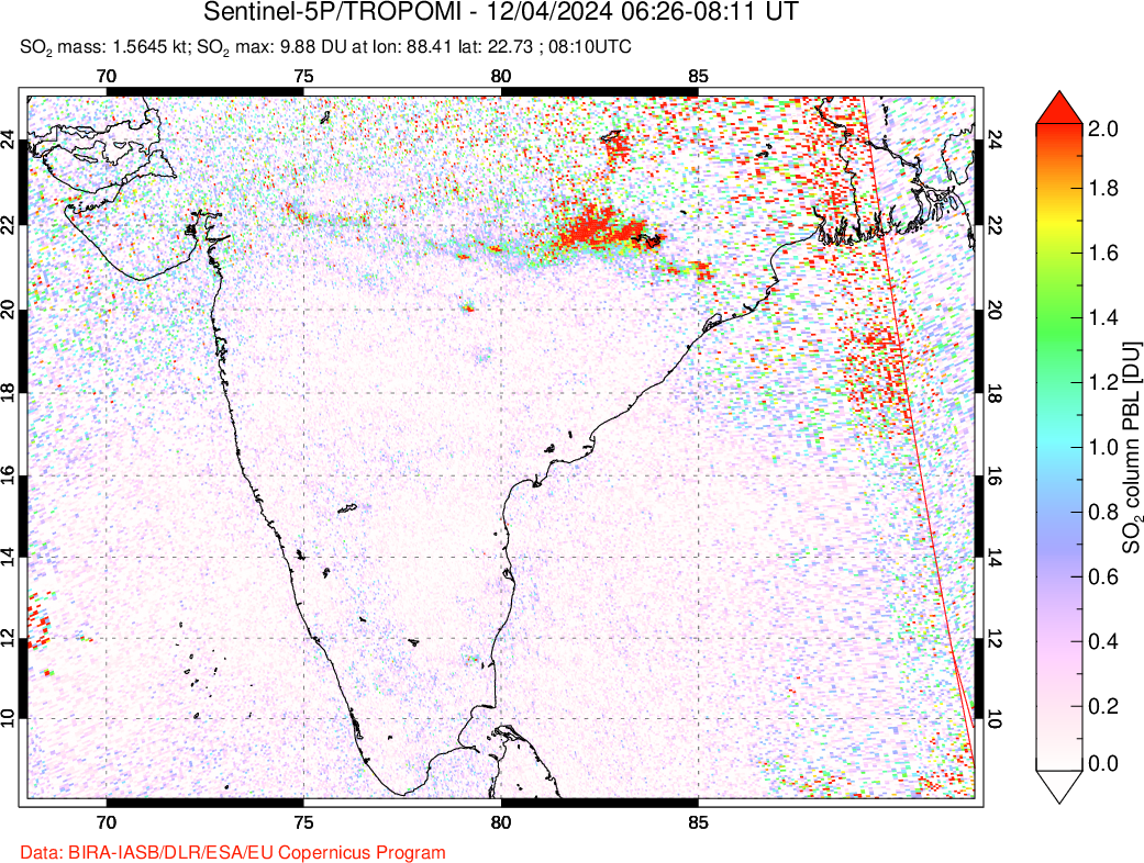 A sulfur dioxide image over India on Dec 04, 2024.