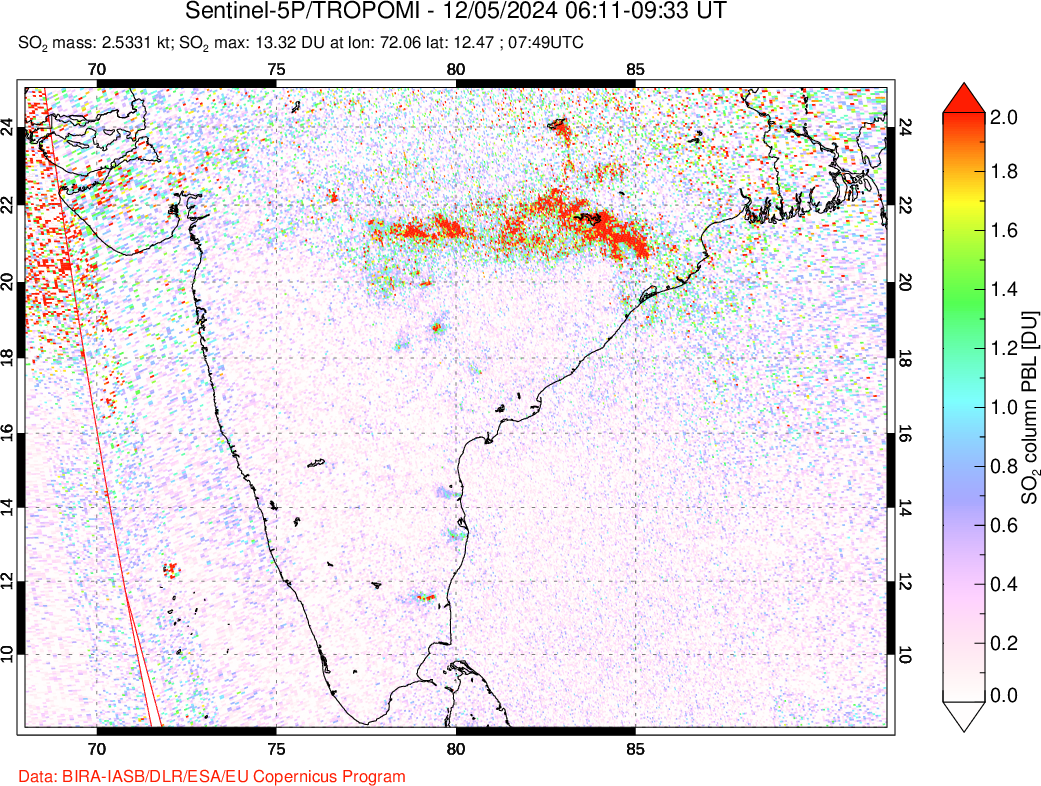 A sulfur dioxide image over India on Dec 05, 2024.